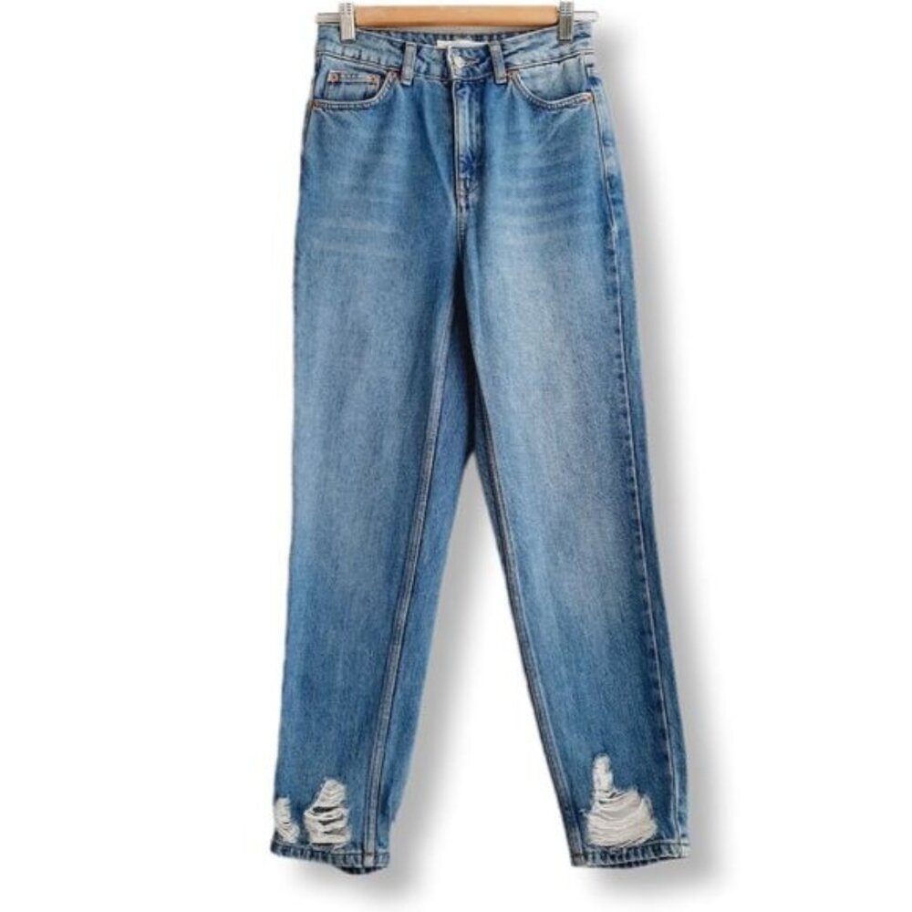 TOPSHOP | Mom Jean High Rise Distressed Blue Mid Wash Sz 25 Flawed